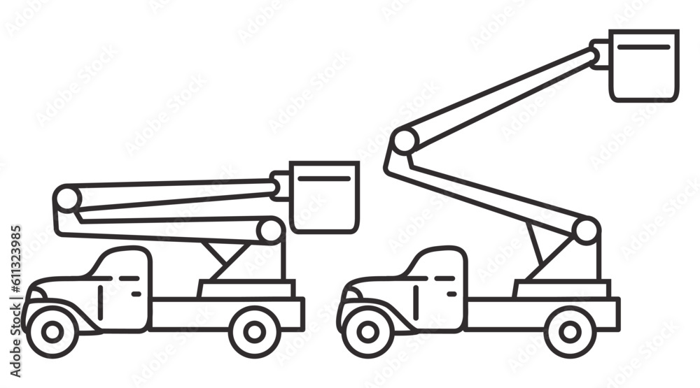 Bucket truck line icon.Bucket boom truck side view.Aerial platform