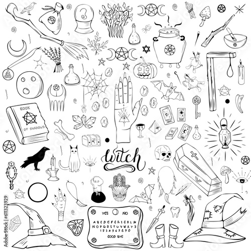 Black and white illustration with witch paraphernalia. Set of witch paraphernalia for Halloween.