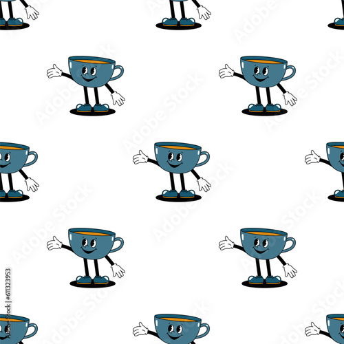Vector seamless pattern with cartoon retro mascot color illustration of a walking cup on a white background. Vintage style 30s, 40s, 50s old animation.