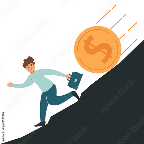Money loss.Trader losing profits. Economic financial crisis and business failure.Bankruptcy and falling incomes.Downward currency money crisis.Dalling coin dollar.Currency depreciation dollar.