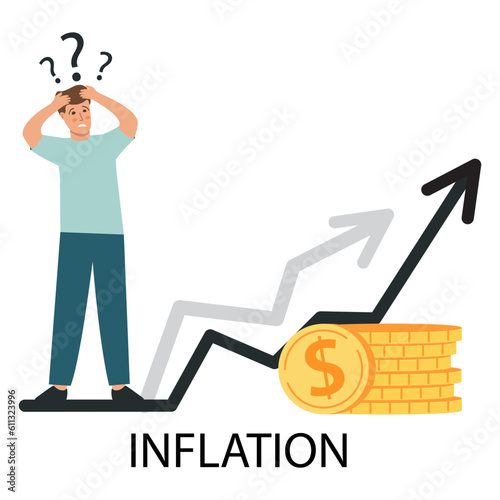 Economic inflation dollar value increase.Cost low and loss. Tiny people standing near piles of coins.Financial crisis.Character cartoon flat cartoon style.Isolated on white background.