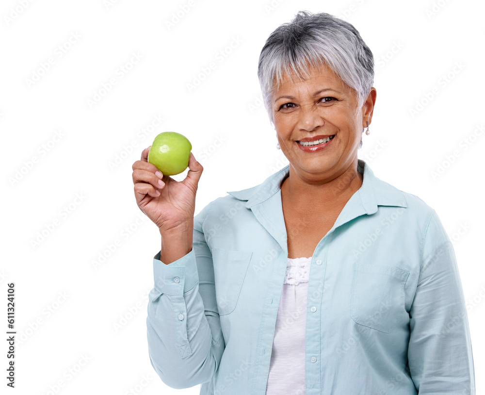 Senior woman, face and apple for healthy food, diet or lifestyle isolated on a transparent, png background. Portrait of elderly female person with a fruit in hand for nutrition, wellness and health Senior woman, face and apple for healthy food, diet or lifestyle isolated on a transparent, png background. Portrait of elderly female person with a fruit in hand for nutrition, wellness and health