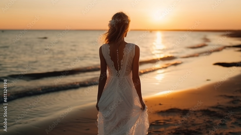 Beautiful woman in white dress walking on the beach at sunset. Back view. Summer holidays wedding bride concept. Generative ai.