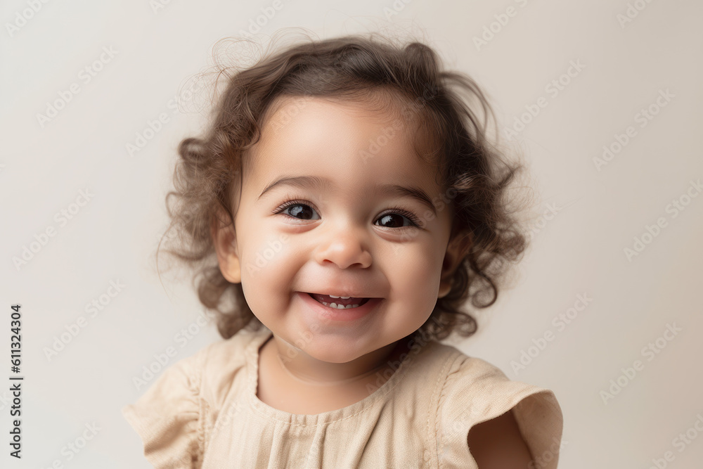 Close-up portrait of a smiling Mexican toddler girl in front of a white background with copy space. Advertising template for children's products. Photorealistic illustration generative AI. Close-up portrait of a smiling Mexican toddler girl in front of a white background with copy space. Advertising template for children's products. Photorealistic illustration generative AI.