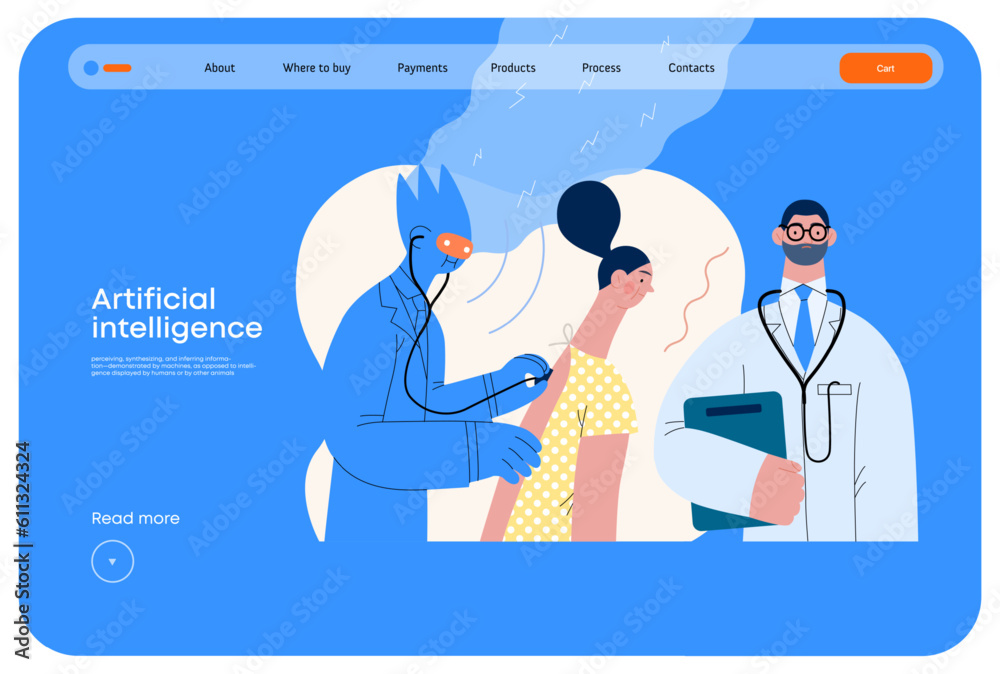 Artificial intelligence, Medicine -modern flat vector concept illustration of AI auscultating patient with stethoscope. Human doctor nearby. Metaphor of AI advantage, superiority and dominance concept