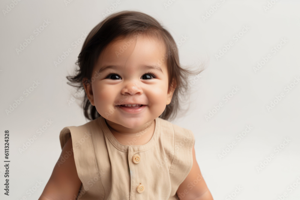 Close-up portrait of a smiling Mexican toddler girl in front of a white background with copy space. Advertising template for children's products. Photorealistic illustration generative AI. Close-up portrait of a smiling Mexican toddler girl in front of a white background with copy space. Advertising template for children's products. Photorealistic illustration generative AI.