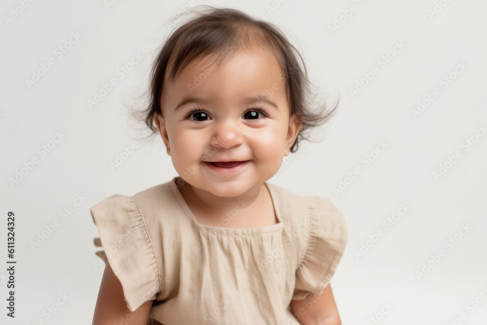 Close-up portrait of a smiling Mexican toddler girl in front of a white background with copy space. Advertising template for children's products. Photorealistic illustration generative AI. Close-up portrait of a smiling Mexican toddler girl in front of a white background with copy space. Advertising template for children's products. Photorealistic illustration generative AI.