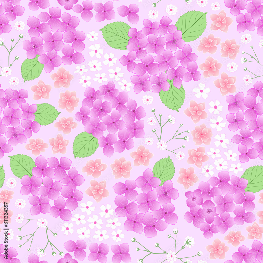 Hydrangea flower seamless pattern. pink lilac floral print. purple Hortensia flower pattern. good for fabric, fashion design, summer spring dress, kimono, pajama, wallpaper, background, textile. Hydrangea flower seamless pattern. pink lilac floral print. purple Hortensia flower pattern. good for fabric, fashion design, summer spring dress, kimono, pajama, wallpaper, background, textile.