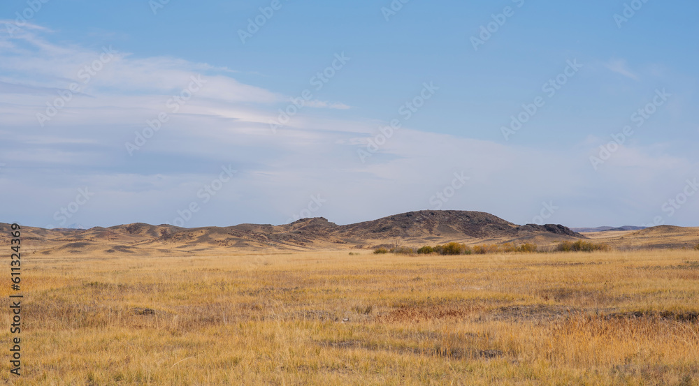 Savanna covered with dry yellow grass and hills on the distant. White clouds in the blue sky. Desert in Namibia. Hot day. Travel to Africa. Savanna covered with dry yellow grass and hills on the distant. White clouds in the blue sky. Desert in Namibia. Hot day. Travel to Africa.
