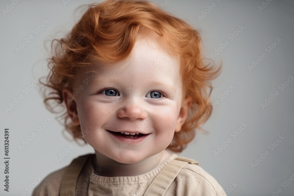 Red-haired little boy in suspenders smiles. Photorealistic illustration generative AI.