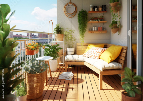 Modern large balcony is decorated with flowers. Reading and relaxing area at home. generative ai photo