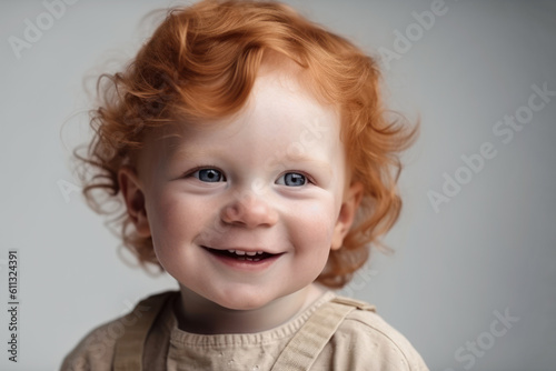Red-haired little boy in suspenders smiles. Photorealistic illustration generative AI.