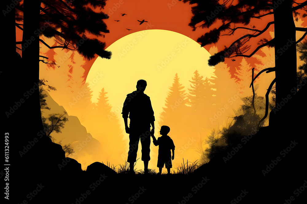 AI generative of silhouette of father and son. Little boy, father, playing, on the wood. AI generative of silhouette of father and son. Little boy, father, playing, on the wood.