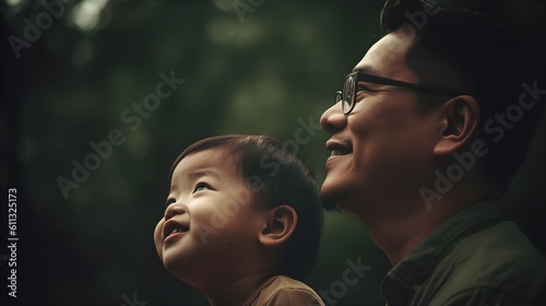 Fictional Persons. Smiles and laughter, beautiful image of a father and child basking in happiness