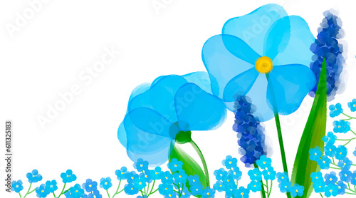 Fototapeta Naklejka Na Ścianę i Meble -  Watercolor set with blue flowers isolated on a white background, hand drawn illustration. Aquarelle wildflower for background, texture, wrapper pattern, frame or border.