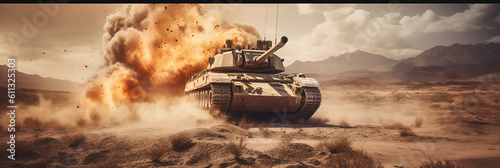 an army tank is under fire in a desert. Generative AI.