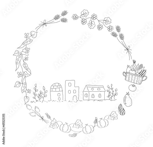 農家と農作物 リース飾り 手描き 