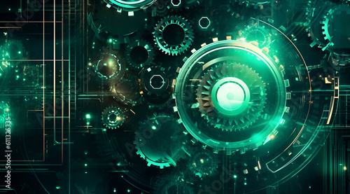 technological gears and gears, digital board background stock photo. Generative AI.
