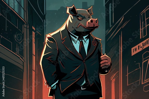 Greedy Pig City Finance Financial Sector Depicting an Evil Banker or Mob Boss works Accounts on a Dark Background Stylised Illustration