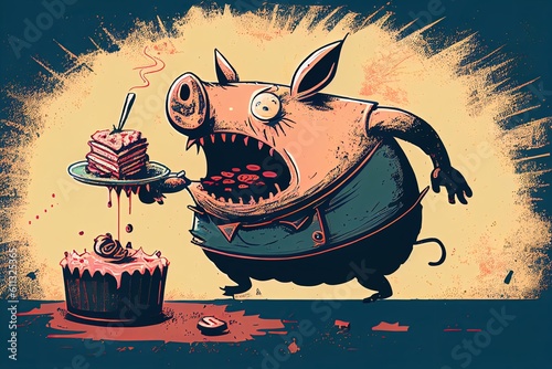 Greedy Pig Eating Lots of Food and Gorging and Over Indulging Looking Serious and even Scary stuffing face Stylised Illustration photo