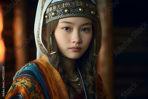a beautiful Ainu teenager in traditional dress. generative AI