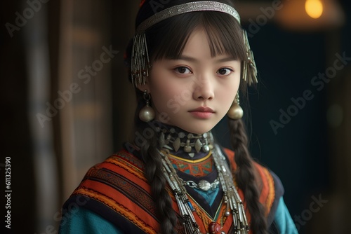 a beautiful Ainu teenager in traditional dress. generative AI photo