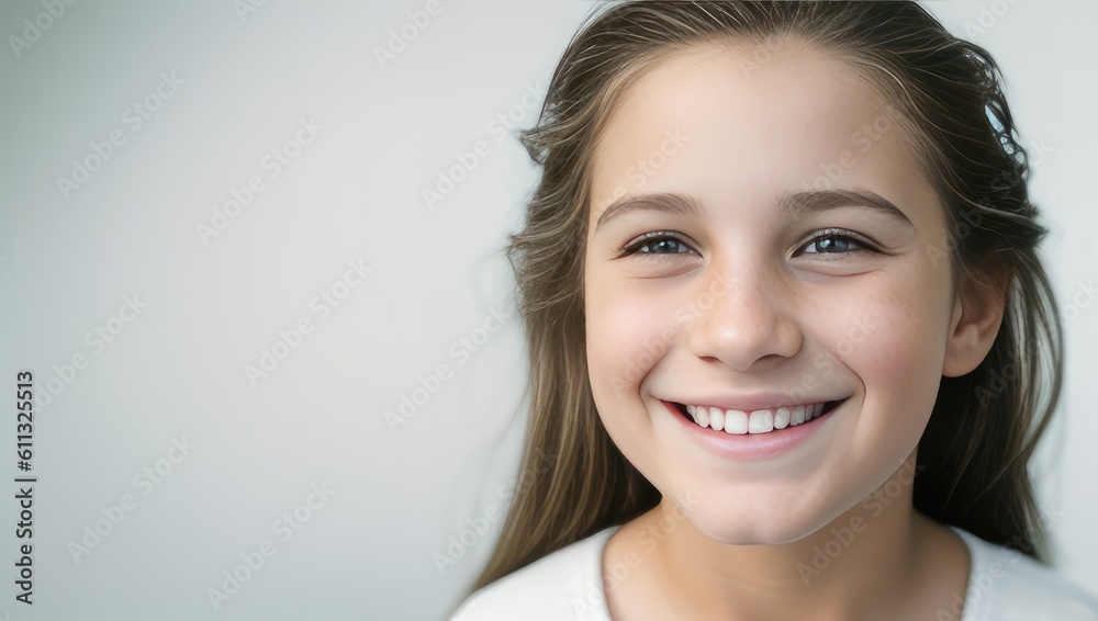 Portrait beautiful white skin young girl with white teeth smile, healthy long hair and beauty skin on grey background. Generative AI Portrait beautiful white skin young girl with white teeth smile, healthy long hair and beauty skin on grey background. Generative AI