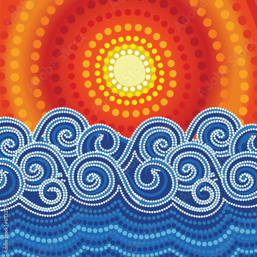 Aboriginal dot artwork with water waves