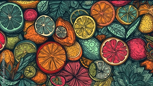 Colorful Citrus Pattern of Fresh Orange and Grapefruit Slices. Ai Generated Art.