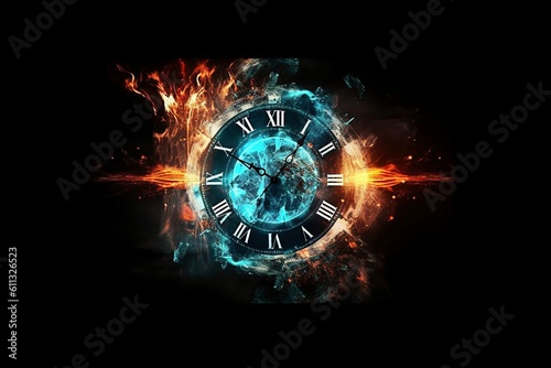 Clock Encircled in Blue Amidst Flames - Time Running Out.