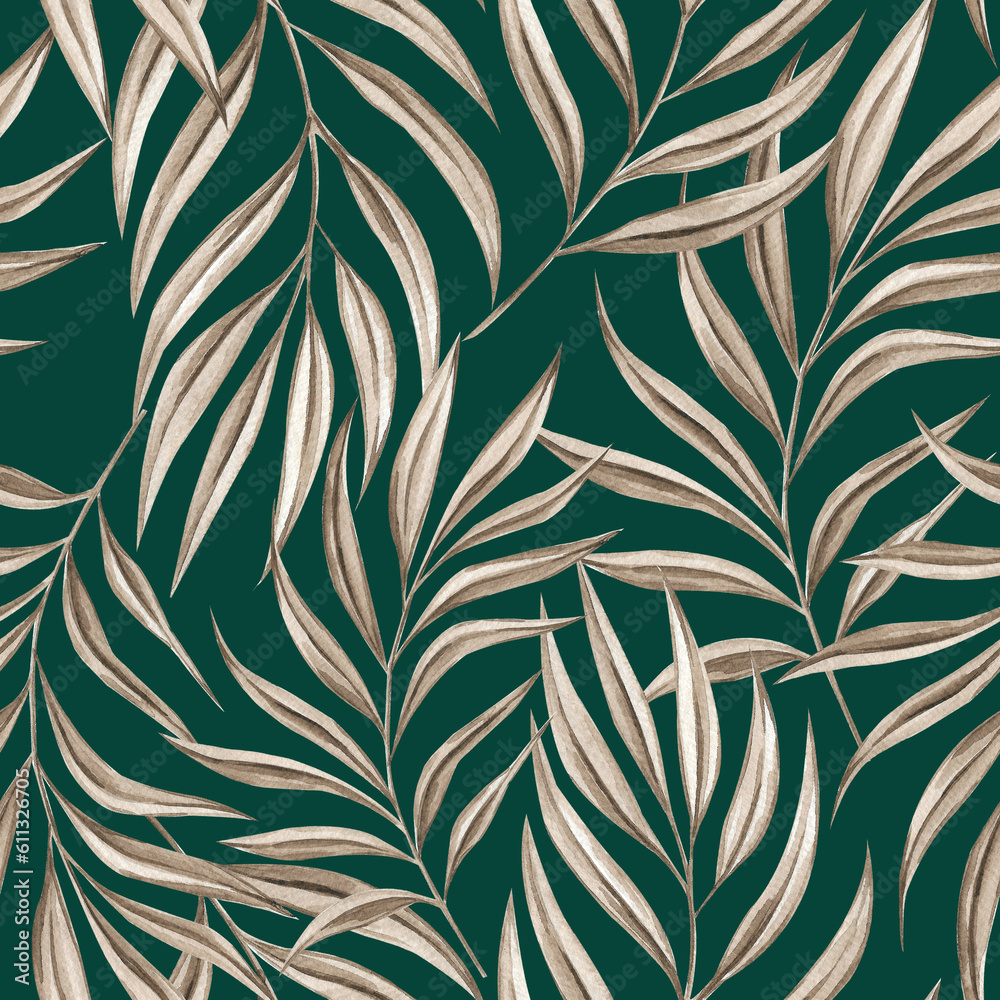 Dry palm leaves seamless watercolor pattern