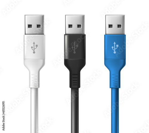 3d realistic vector icon. Set of white, black and blue USB cabel mock ups. Isolated on white background.