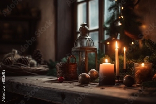 Candles on christmas table. Generative Ai © iryna