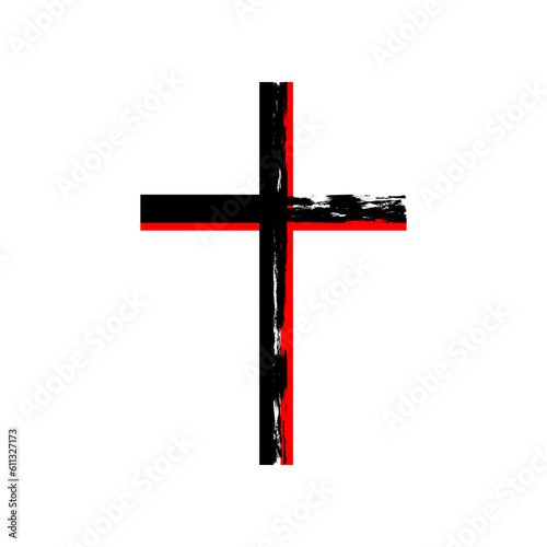 Black red line grunge cross christian crucifix religion icon vector design