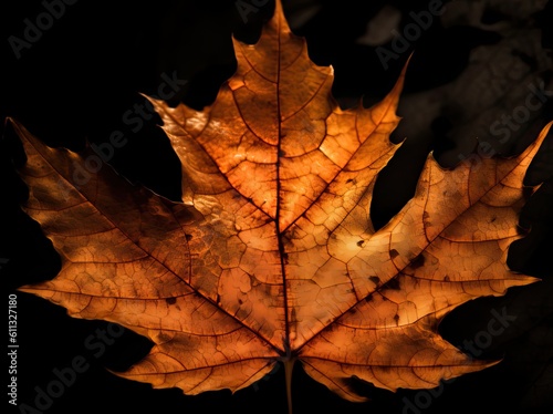 Brown maple leaf isolated on dark background. Autumn dry leaf. Generative AI