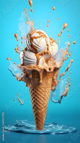 Ice cream cone in blue background.