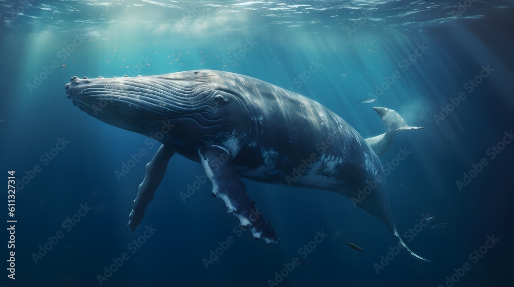 Fototapeta premium Whale swimming under sea. AI generated.