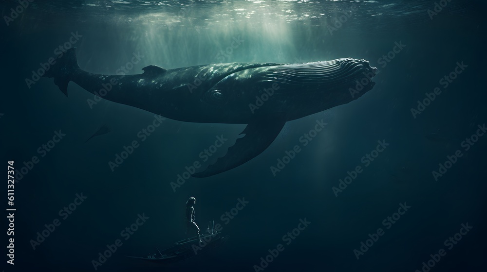 Fototapeta premium Whale swimming under sea. AI generated.