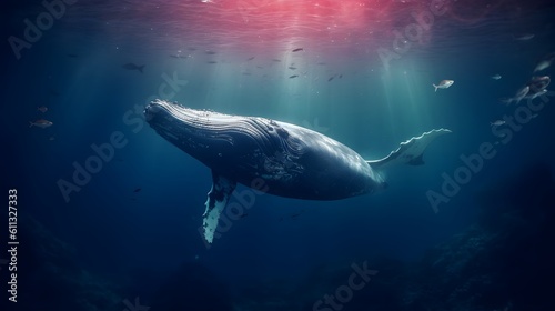 Whale swimming under sea. AI generated.