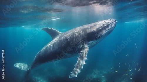 Whale swimming under sea. AI generated.