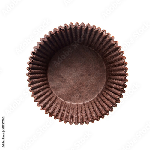Cupcake muffin cases pack isolated on white background, top view. Brown greaseproof paper baking cups photo