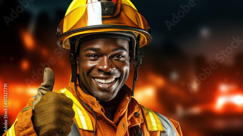 A good looking firefighter dressed in a traditional orange firefighter uniform. AI generation