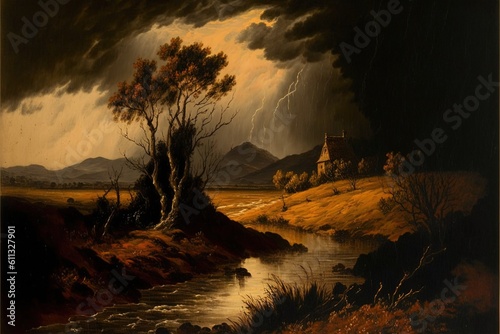 An Oil Painting Style Illustration of a Classic Landscape Artwork That Would Hang in a Stately Home in Style of Artists From 15th, 16th, 17th or 18th Century