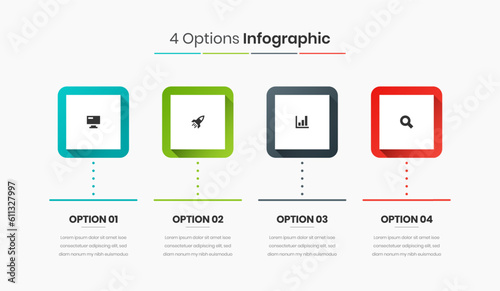 Business Infographic Template Design with Square Label, Icon and 4 Options for Presentation