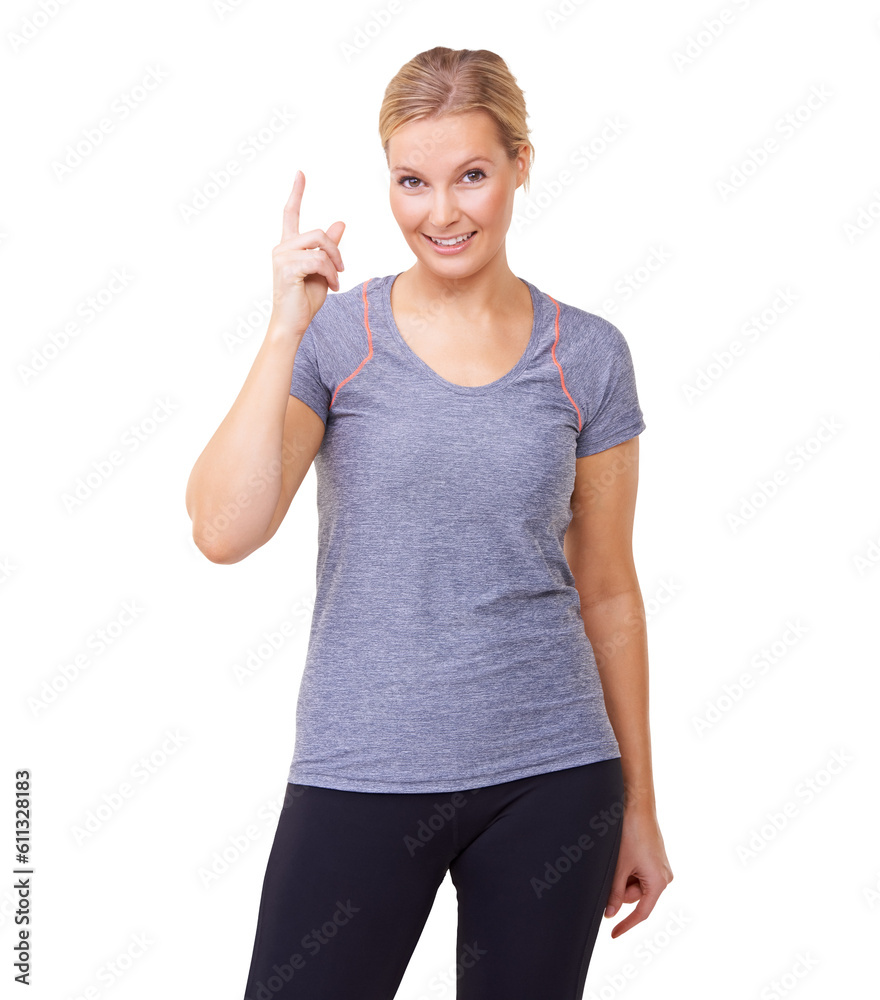 Fitness, point and portrait of woman with smile on isolated, png and transparent background for workout. Health, advertising and female person show gesture for exercise announcement or presentation Fitness, point and portrait of woman with smile on isolated, png and transparent background for workout. Health, advertising and female person show gesture for exercise announcement or presentation