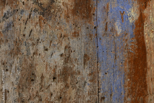 Old scratched wood abstract background - old blue color painted weathered wooden plank