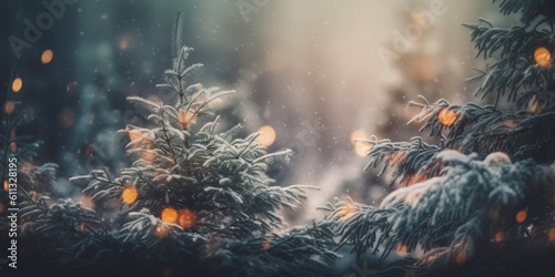 Winter forest banner background, New year card with copy space. Generative Ai