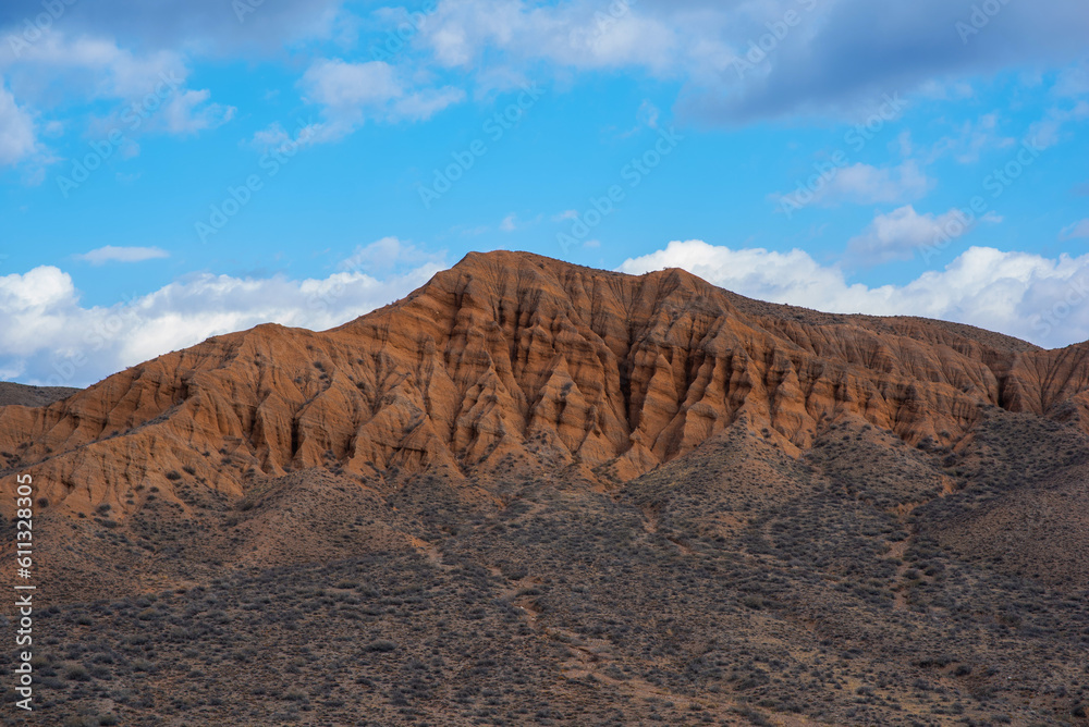 Colorful mountains of Wadi Rum desert canyon in Jordan. The Valley of the Moon is a valley cut into sandstone and rock in southern Jordan. Unusual, amazing scenery.