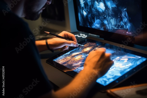 An artist working on a digital drawing tablet, computer technology, IT technology Generative AI