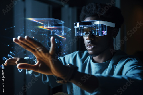 A person using augmented reality (AR) glasses to interact with virtual objects, computer technology, IT technology Generative AI photo